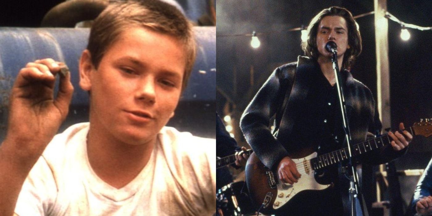 Split image of River Phoenix throwing a pebble in Stand by Me and singing on stage in Thing Called Love