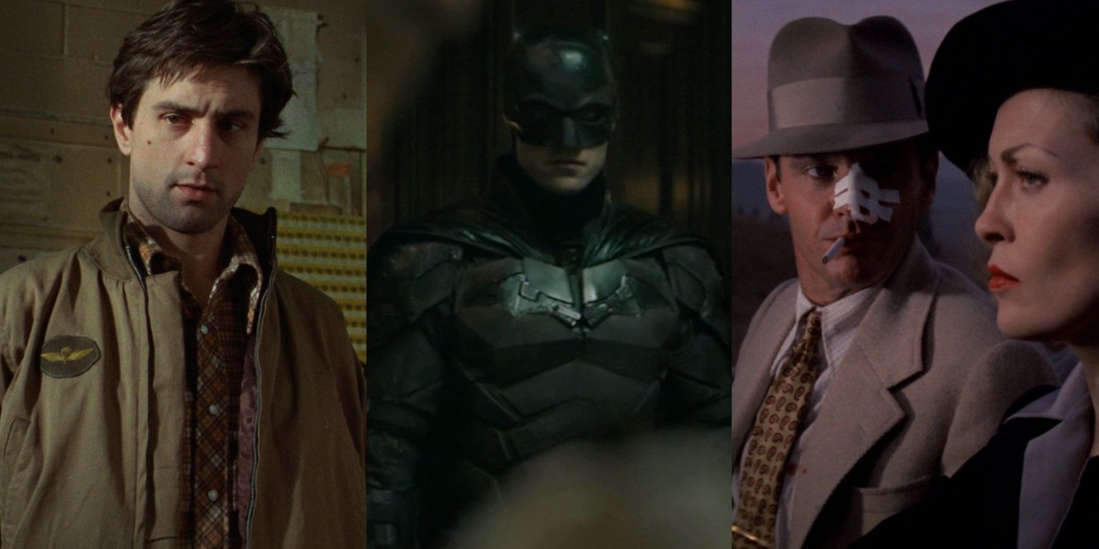 Split image of Robert De Niro in Taxi Driver, Robert Pattinson in The Batman, and Jack Nicholson and Faye Dunaway in Chinatown