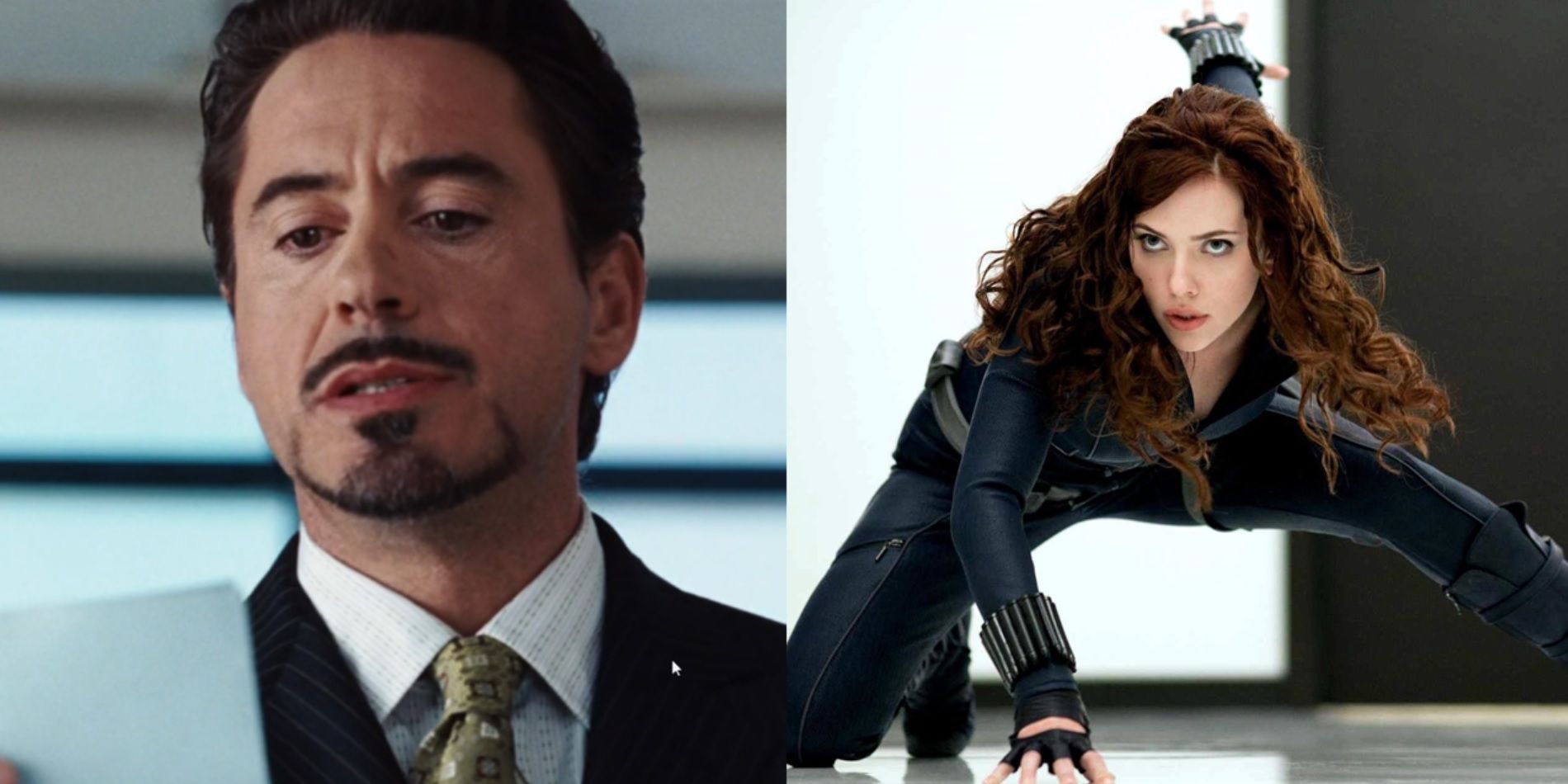 Split image of Robert Downey Jr in Iron Man and Scarlett Johansson in Iron Man 2