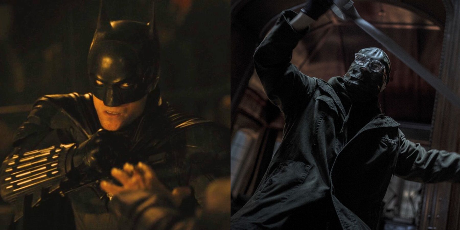 Split image of Robert Pattinson as Batman cocking a fist and Paul Dano as the Riddler using tape in The Batman
