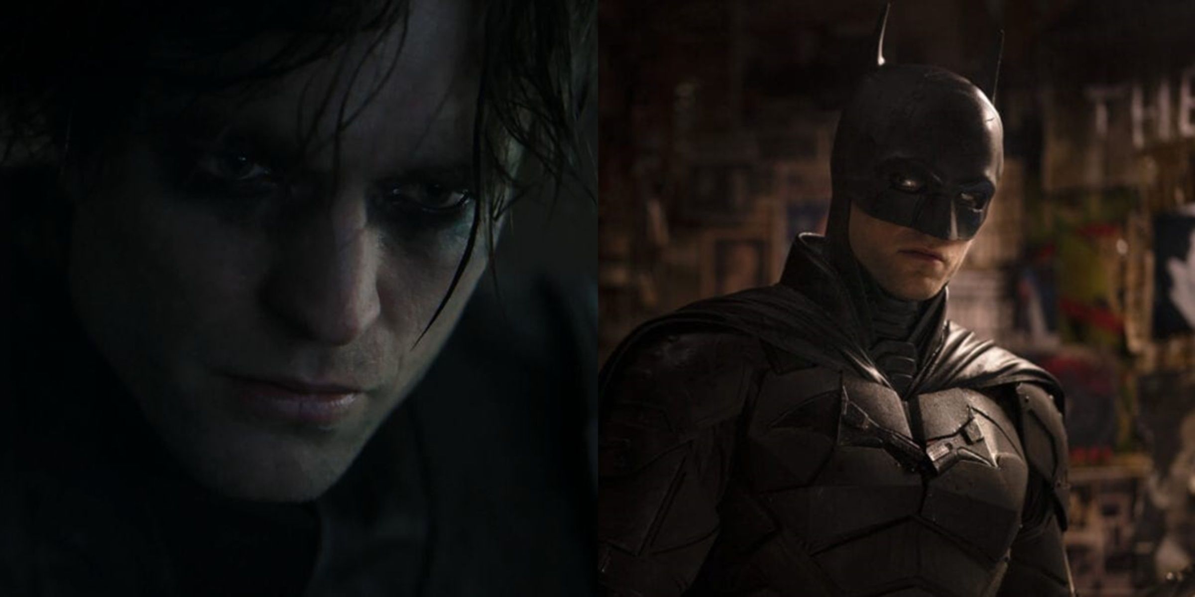 Split image of Robert Pattinson as Bruce Wayne with eye shadow and wearing the cowl in The Batman