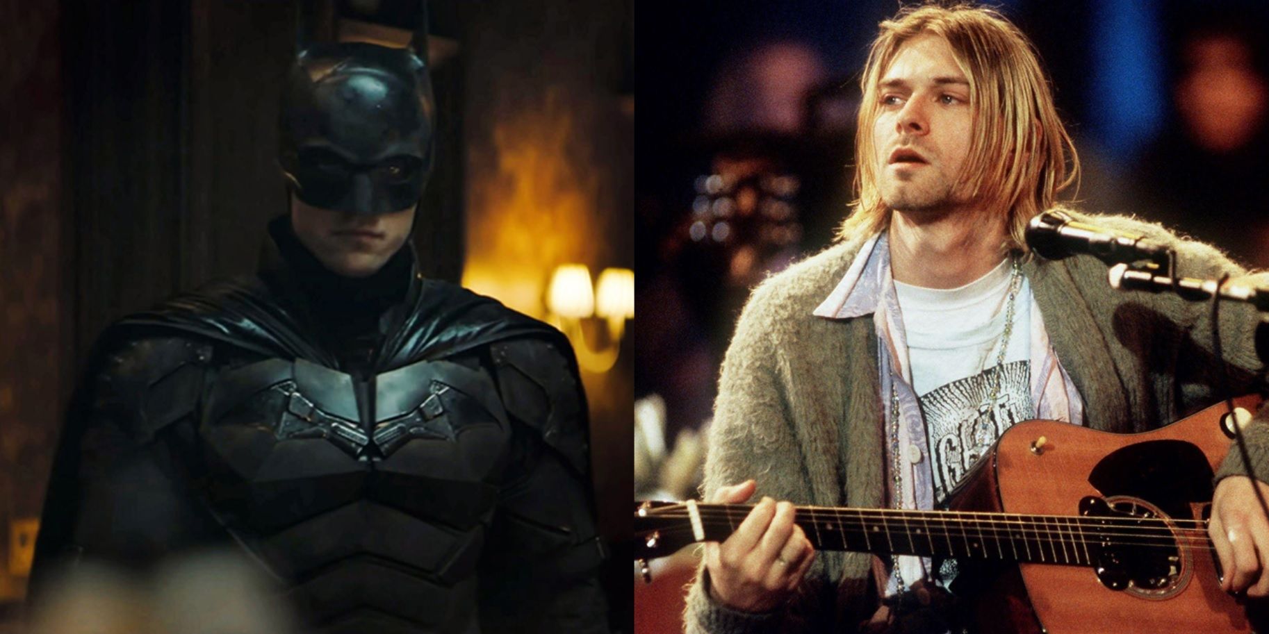 Split image of Robert Pattinson in The Batman and Kurt Cobain playing a guitar