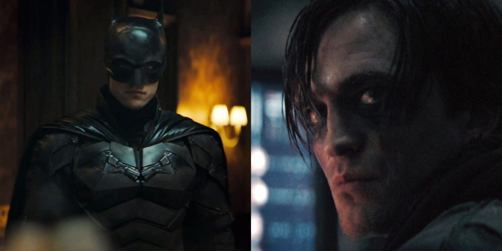 Split image of Robert Pattinson in the Batsuit at a crime scene and in the Batcave in The Batman