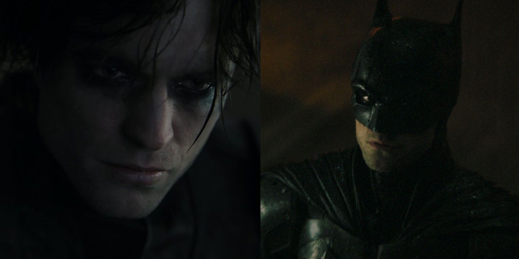 Split image of Robert Pattinson unmasked and in costume in The Batman