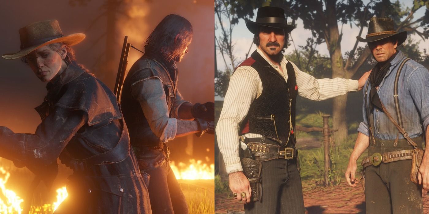 Split image of Sadie & John and Dutch & Arthur in Red Dead Redemption 2