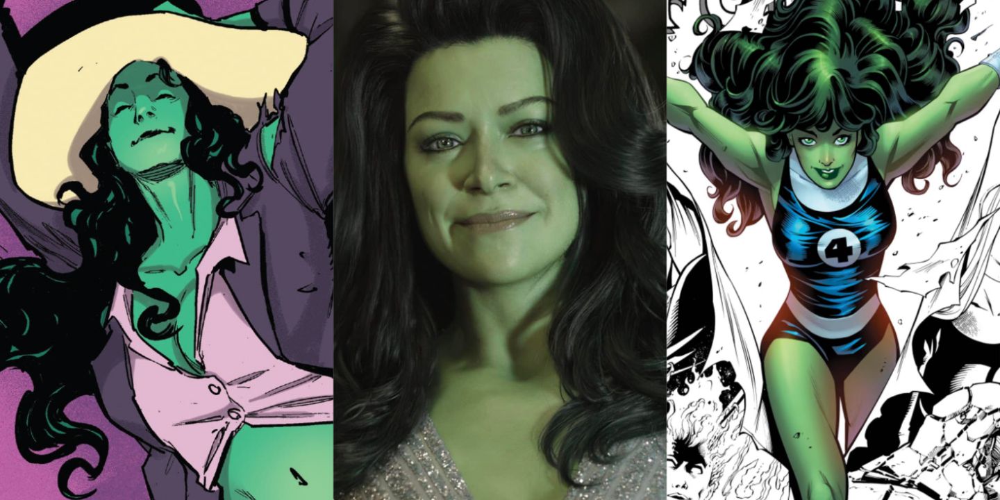Split image of She-Hulk in various comic and She-Hulk Attorney At Law