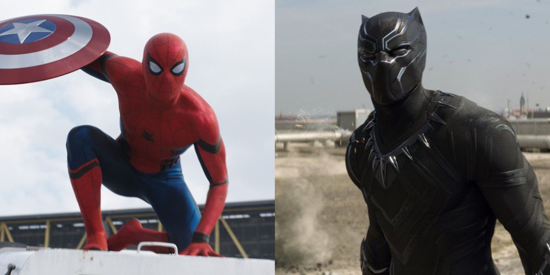 Split image of Spidey with Cap's shield and Black Panther on a rooftop in Captain America Civil War