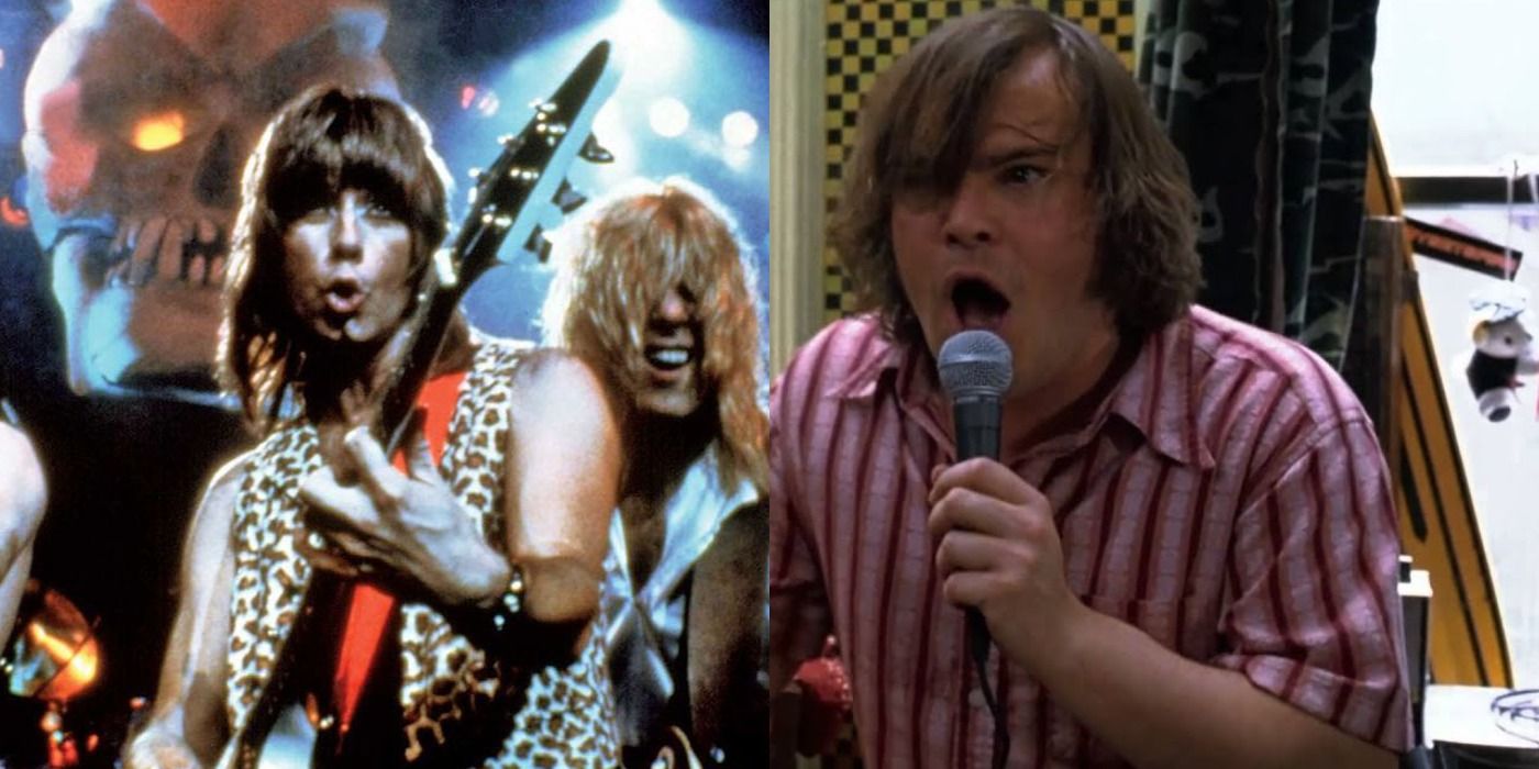 Split image of Spinal Tap in This Is Spinal Tap and Dewey in School of Rock