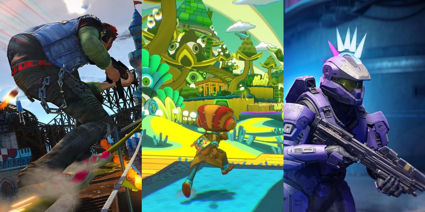 Split image of Sunset Overdrive, Psychonaughts 2 and Halo Infinite Xbox feature