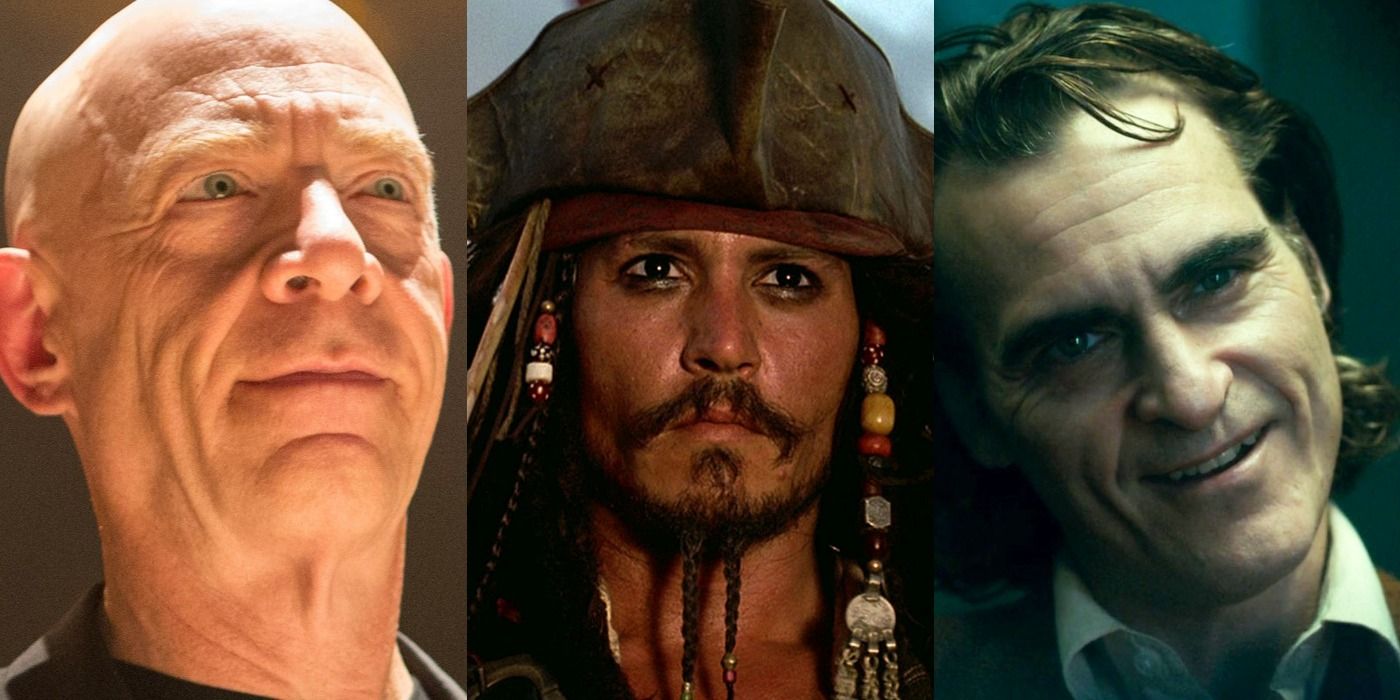 Split image of Terence in Whiplash, Jack Sparrow in The Pirates of the Caribbean, and Arthur in Joker
