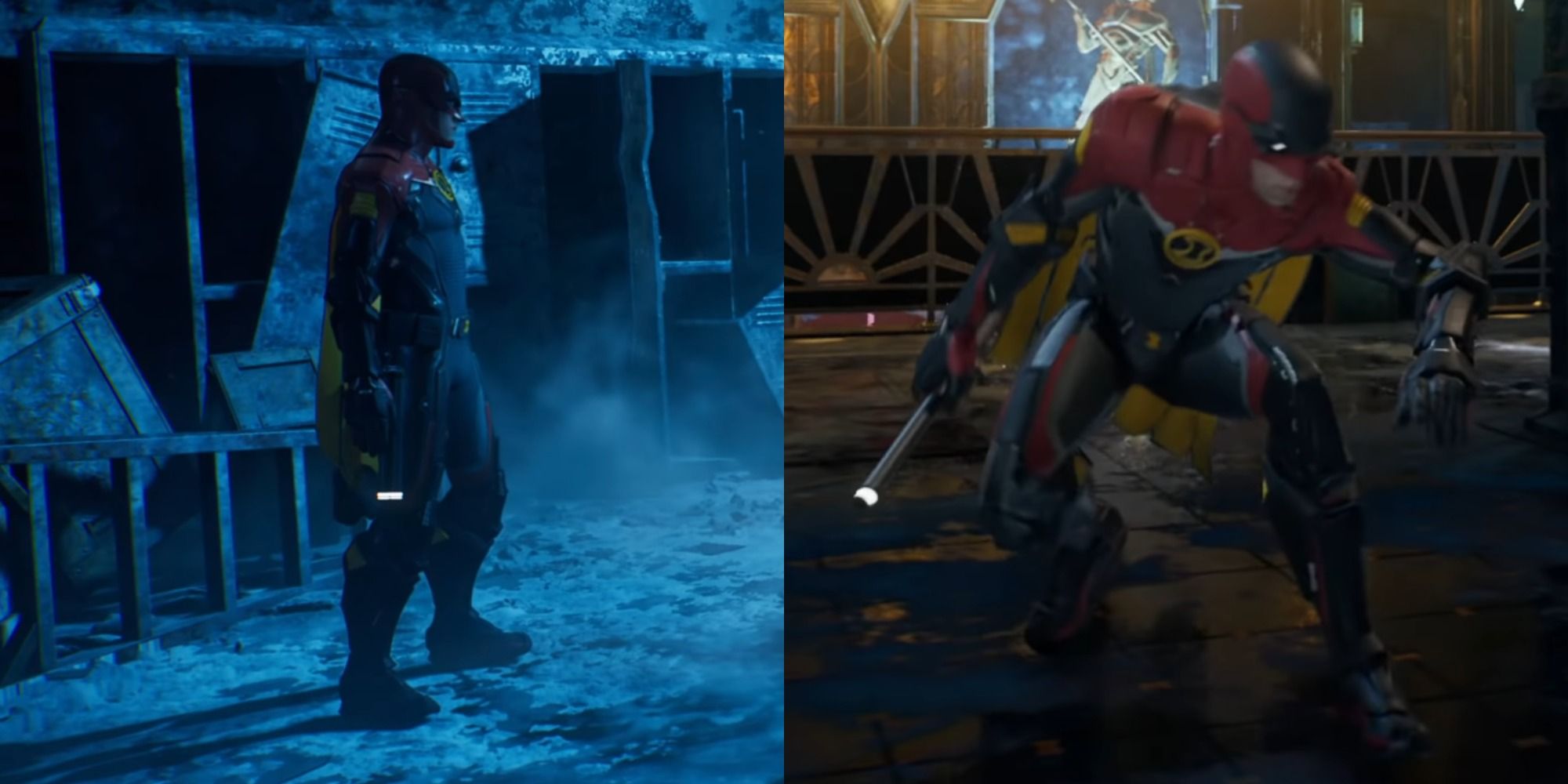 Split image of Tim Drake in the Red Robin suit in Gotham Knights