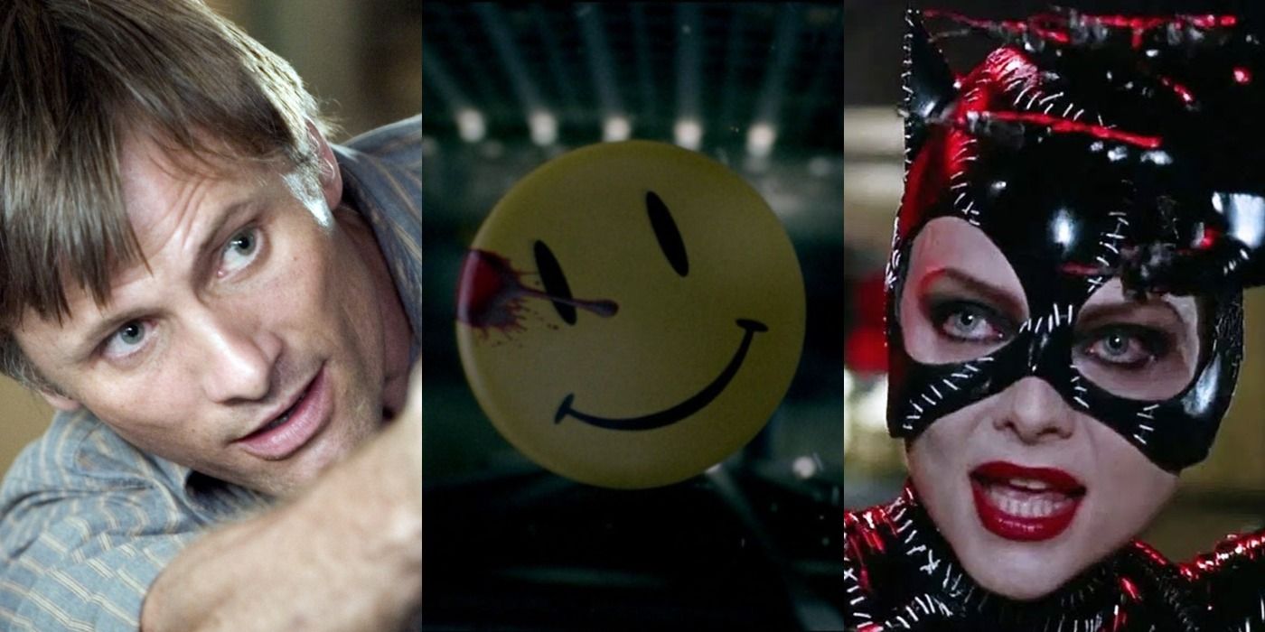 Split image of Tom in A History of Violence, the yellow smiley button in Watchmen, and Catwoman in Batman Returns