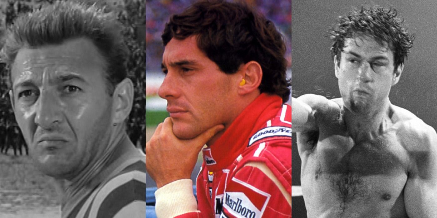 Split image of Two Half Times In Hell, Senna and Raging Bull sports feature