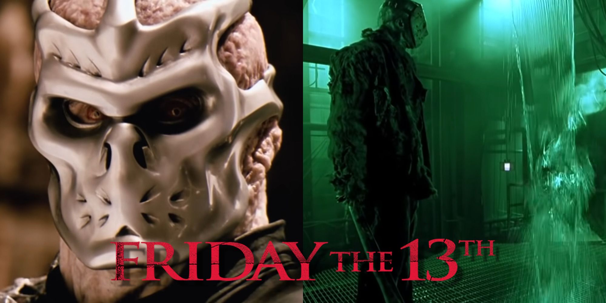 Split image of Uber Jason from Jason X and Jason Voorhees afraid of water in Freddy VS Jason
