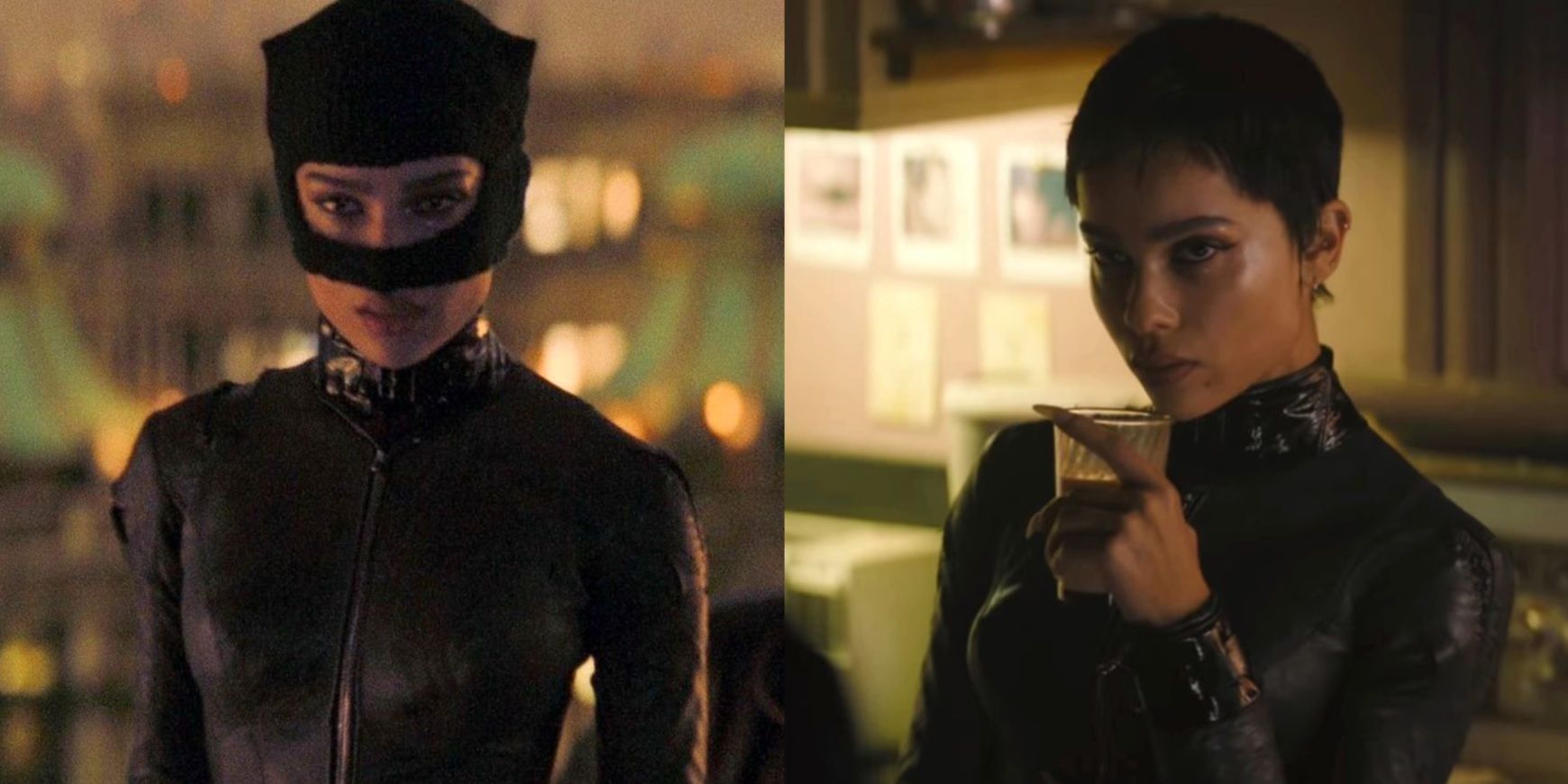 Split image of Zoe Kravitz as Catwoman with and without the mask in The Batman