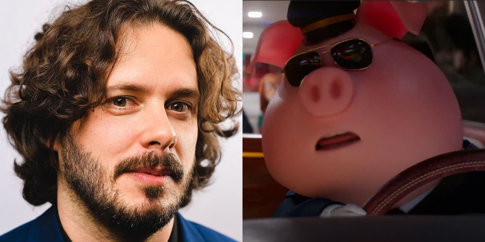 Split image of director Edgar Wright and a pig Edgar Wright voices in Sing 2