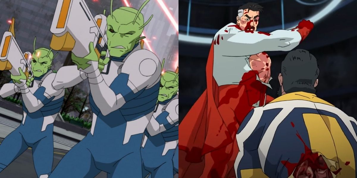 Split image of flaxans, Omni-Man and Immortal fighting in Invincible