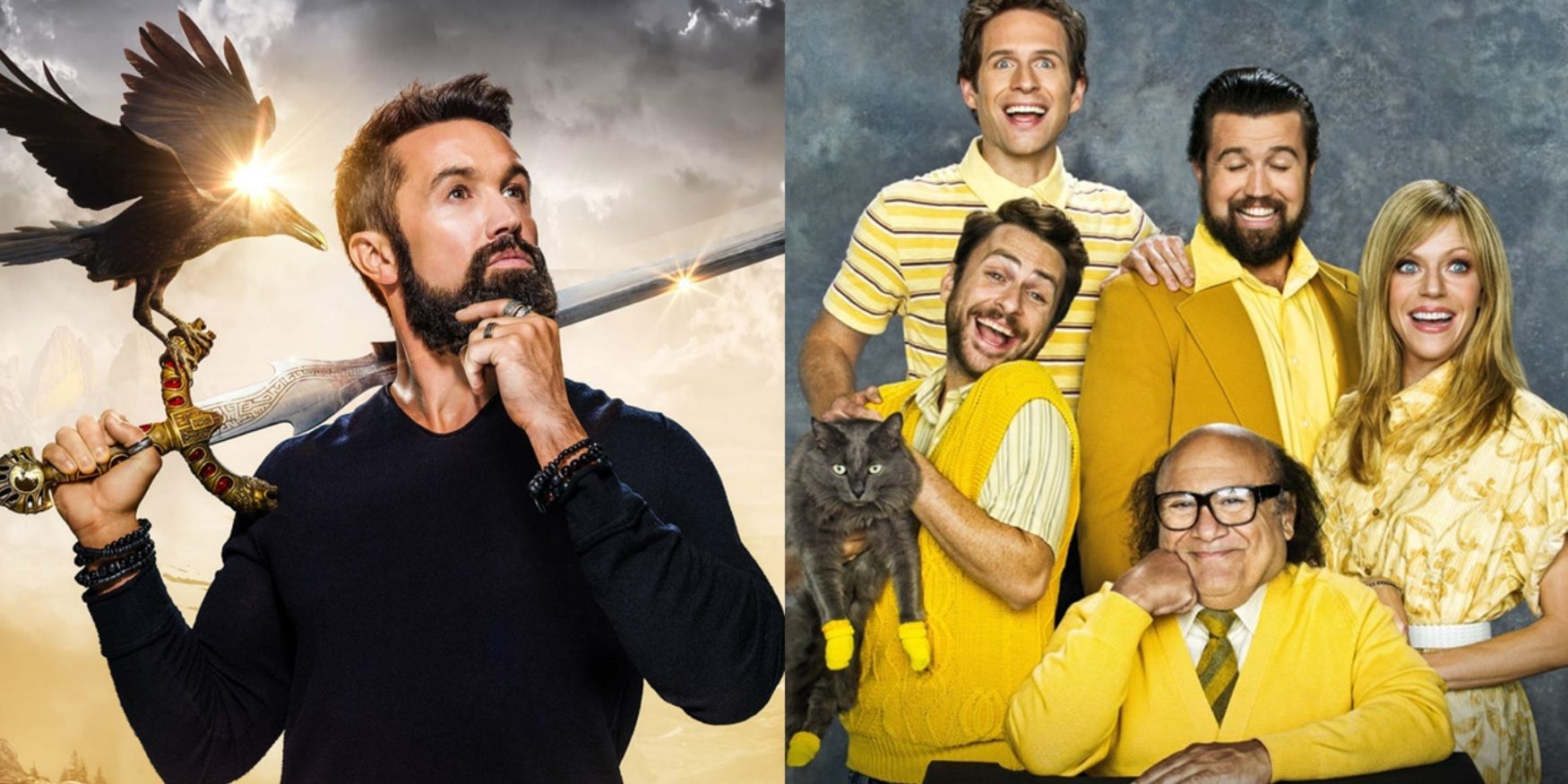 Split image of the posters for Mythic Quest and It's Always Sunny