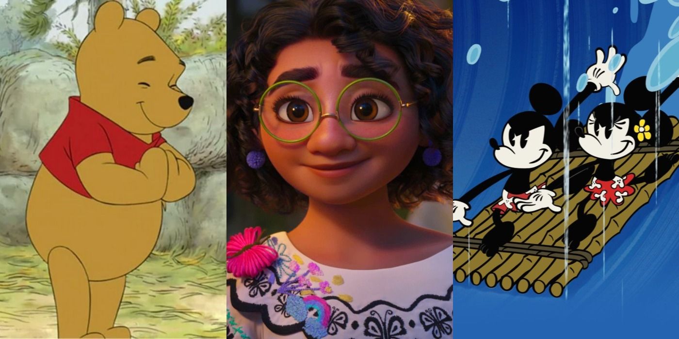 Split image of winnie the pooh, Mirabel and Mickie and Minnie Disney feature