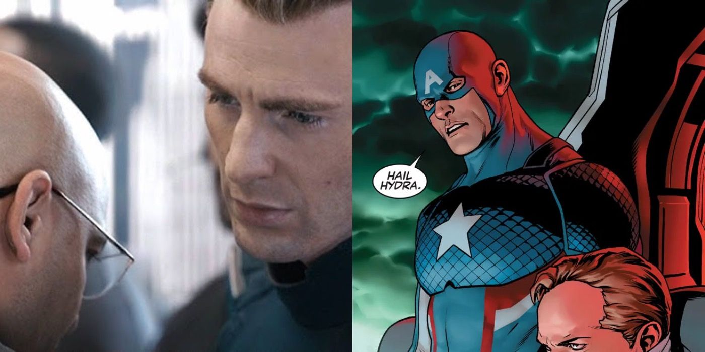 Split image showing Captain America speaking to Sitwell in Avengers Endgame and Captain America saying Hail Hydra in Marvel comics