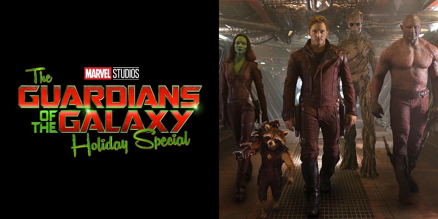 Split image showing the Guardians of the Galaxy Holiday Special logo and the Guardians team in their first MCU movie