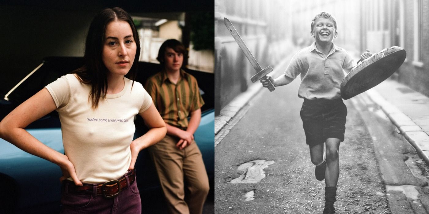 Split images of Licorice Pizza and Belfast characters