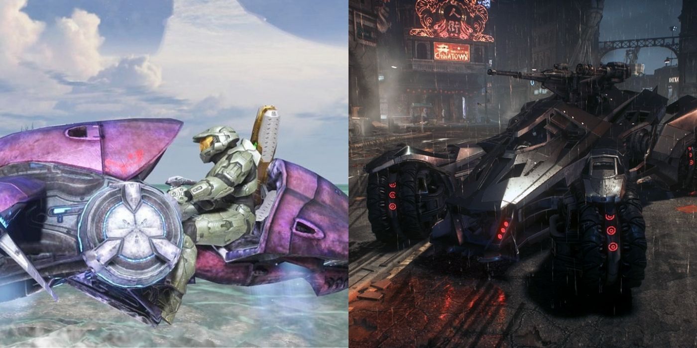 Split images of Master Chief riding Ghost in Halo 3 and Batman Arkham Knight's Batmobile