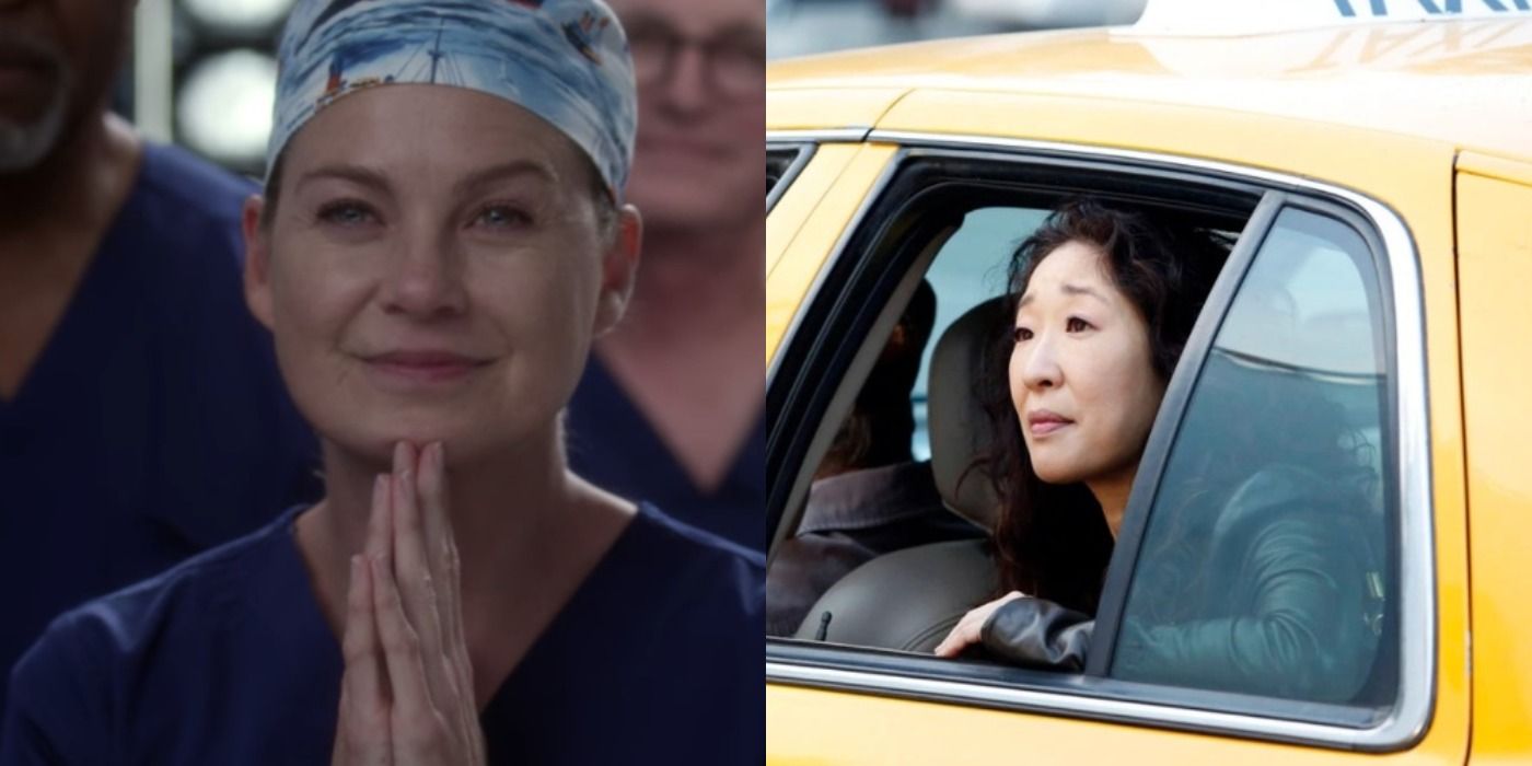 Split images of Meredith Grey smiling in hospital scrubs and Cristina Yang seated in a taxi in Grey's Anatomy