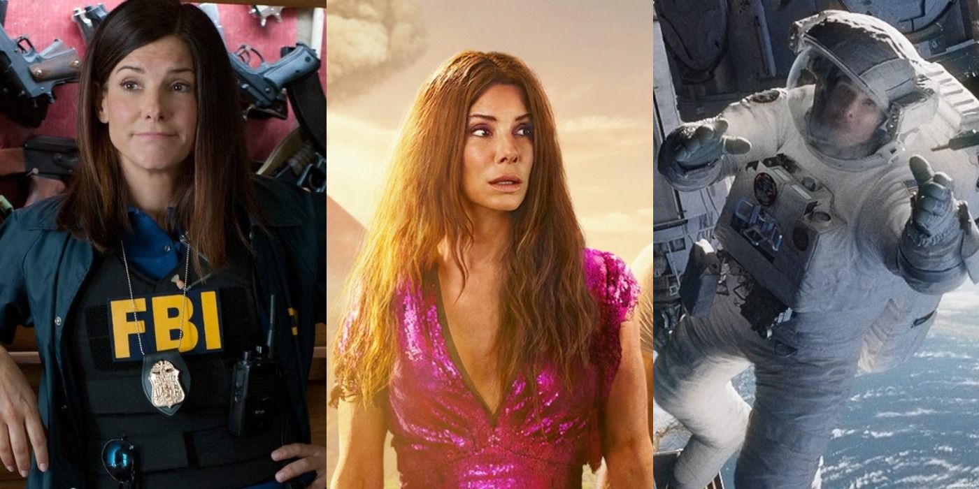 Split images of Sandra Bullock in The Heat, The Lost City, and Gravity