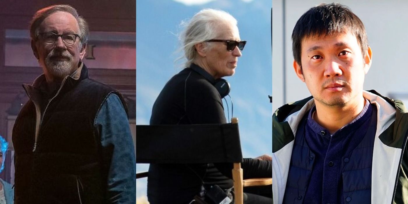Split images of Steven Spielberg, Jane Campion, and Ryusuke Hamaguchi directing their movies