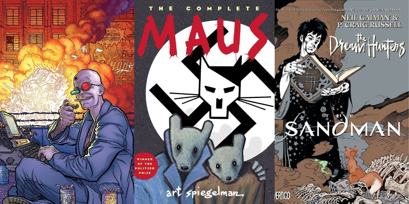 Split images of comic book covers of Transmetropolitan, Maus, and The Sandman