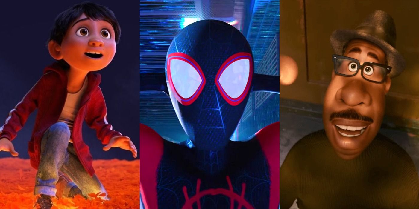 Split images of the heroes in Coco, Spider-Man Into the Spider-Verse, and Soul