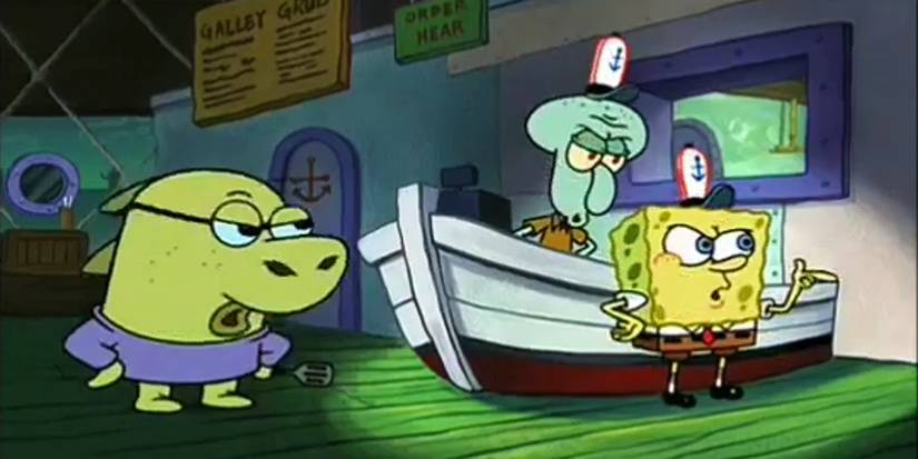 Squidward, SpongeBob, and the Not Hashslinging Slasher point and look at something off screen in "Graveyard Shift"