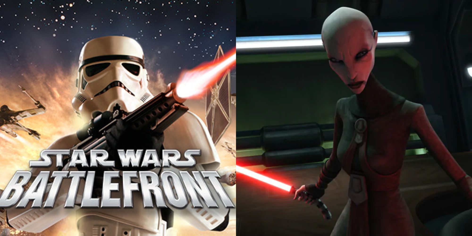 Split image showing the cover for Star Wars Battlefront and Asajj Ventress