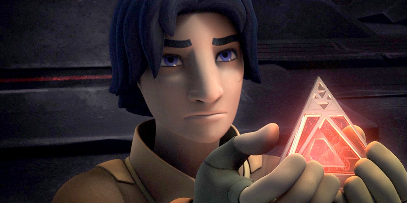 Ezra from Star Wars Rebels, holding a Sith holocron.