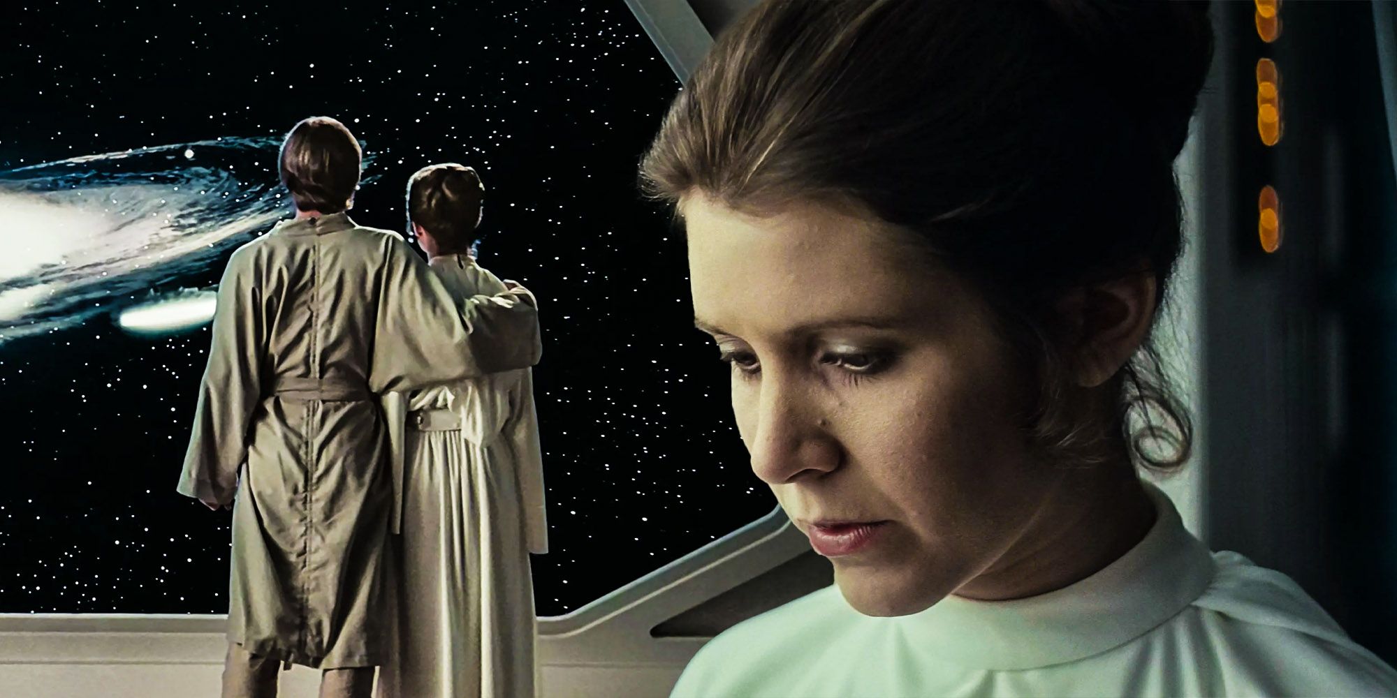 Carrie Fischer as Princess Leia and Mark Hamill as Luke Skywalker looking out into space in The Empire Strikes Back