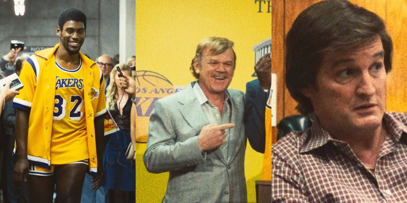 Split image of Magic Johnson, Jerry Buss and Jerry West in Winning Time