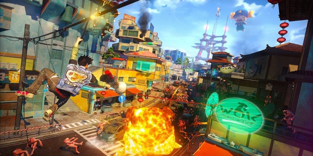 The protagonist rides a rail and shoots in the infected in Sunset overdrive