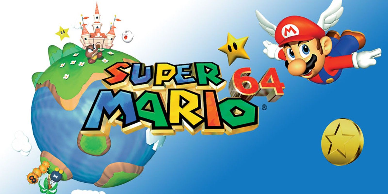 Seni promo Super Mario 64 dengan Mario melayang di langit.