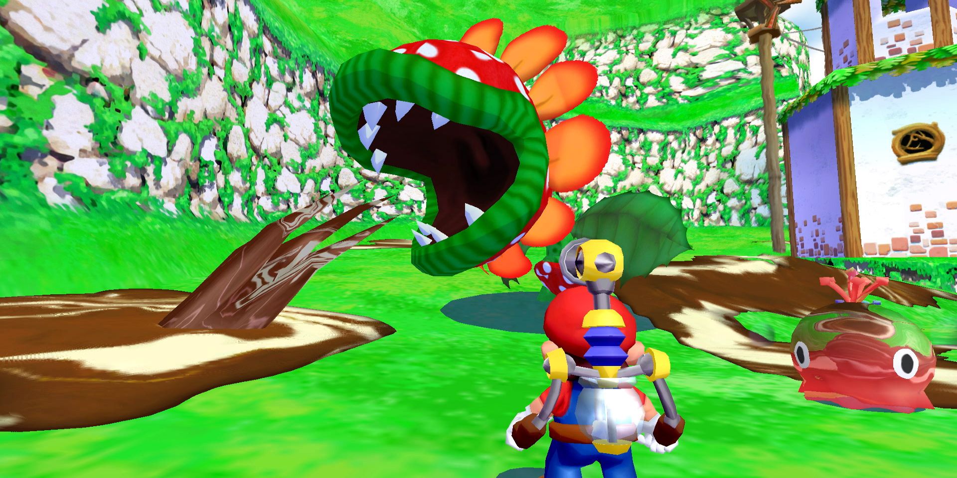A screenshot of Mario and Petey Piranha from the GameCube game Super Mario Sunshine.