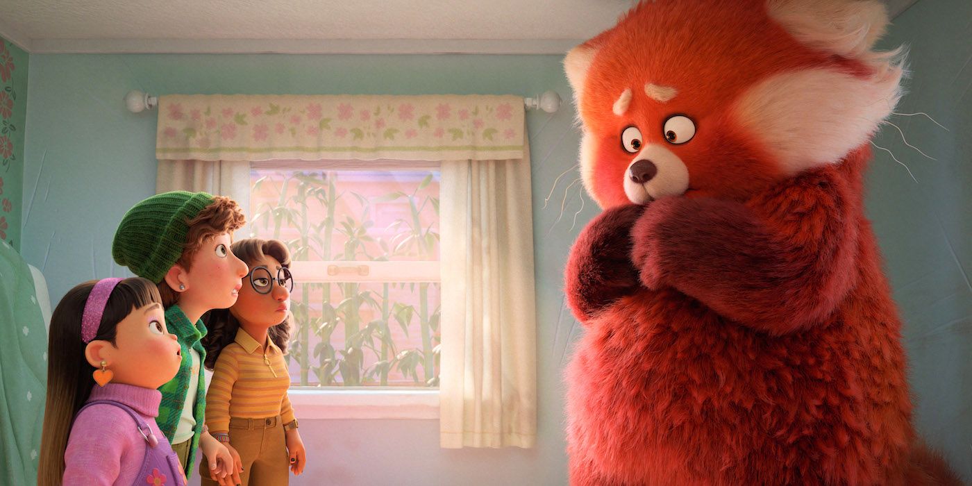 Mei, a girl who changed into a red panda, looks at her three friends in a bedroom.