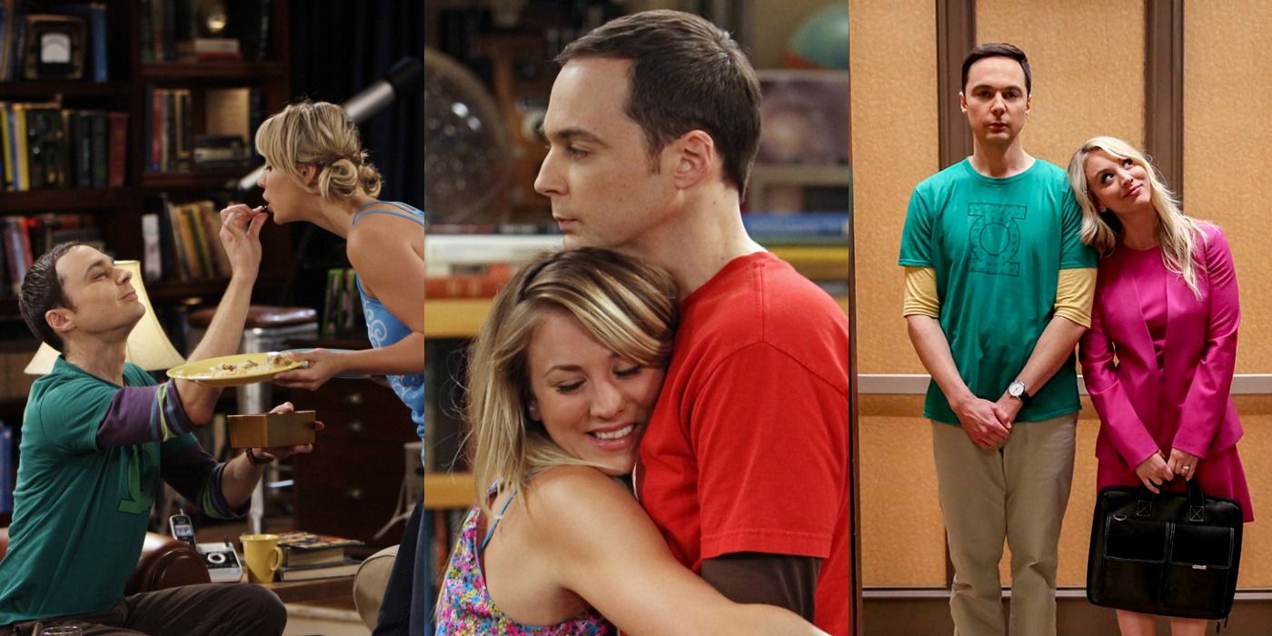 Split image of Sheldon feeding Penny, Penny hugging Sheldon, and Penny standing with her head on Sheldon's shoulder in the elevator in TBBT
