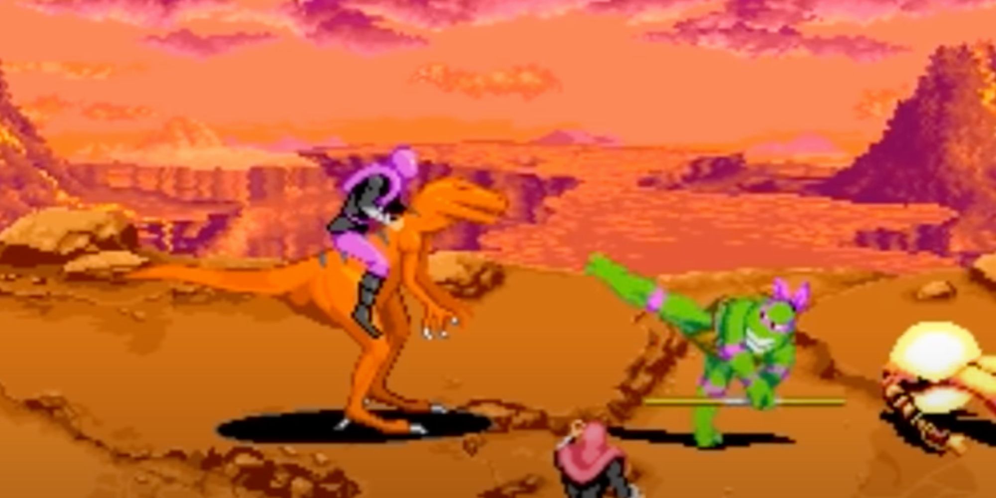Donatello kicks at a foot soldier who is riding a raptor.