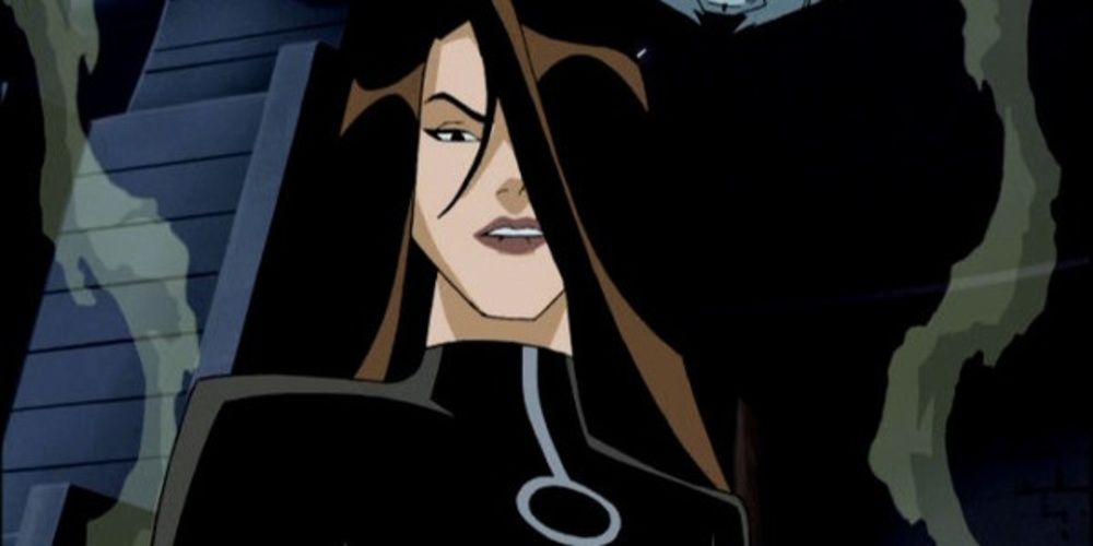 Talia Al Ghul stands in front of smoke in Batman Beyond