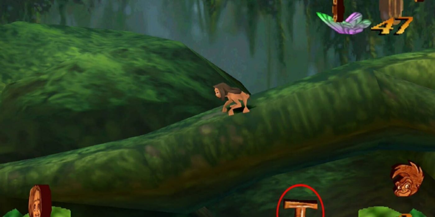 Young Tarzan crouched on a branch in the Tarzan video game