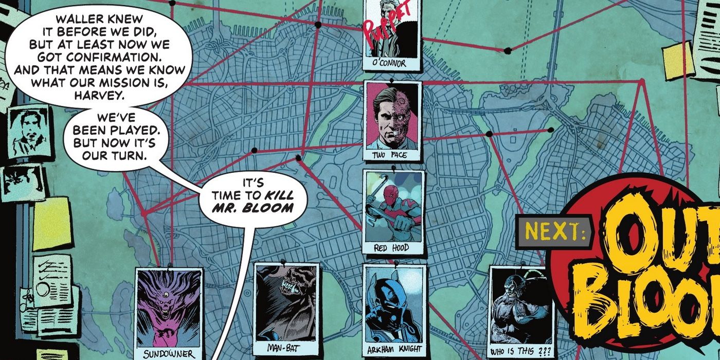 A wall of pictures of the members of Task Force Z, including Bane