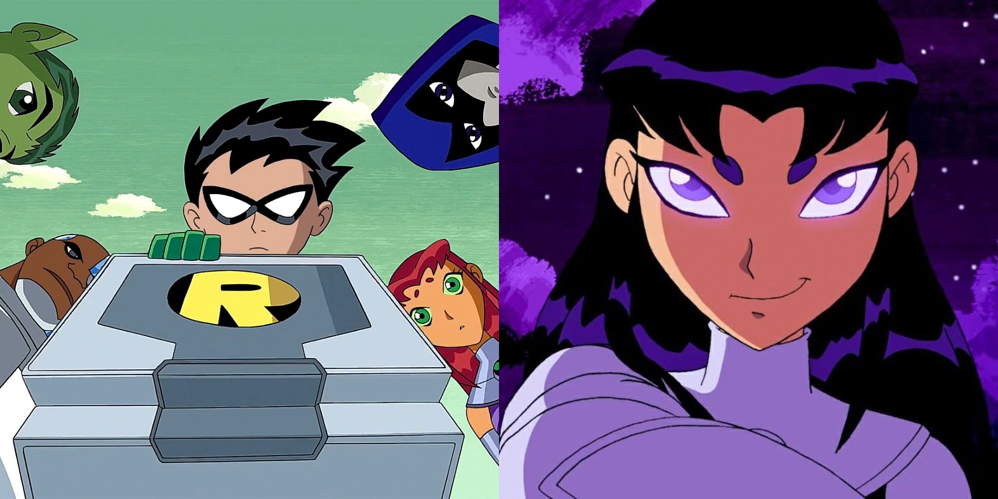 Split image showing Robin's briefcase and Blackfire in Teen Titans