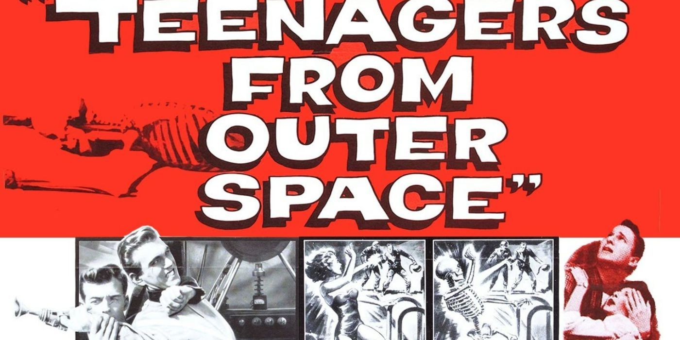 A poster featuring large text of the title Teenagers From Outer Space with six black and white images from the movie. 