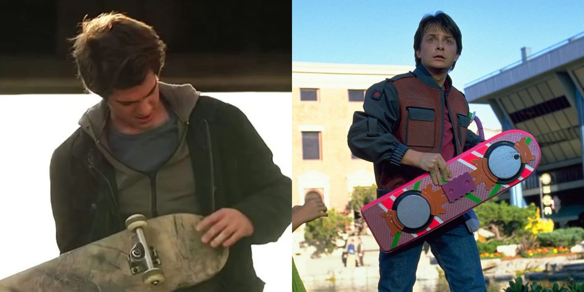Split image showing Peter with a baord in TASM and Marty with a board in Back to the Future II