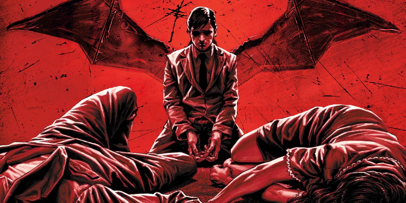 Bruce Wayne (with stylized Batwings drawn behind him) kneels by the bodies of his slain parents